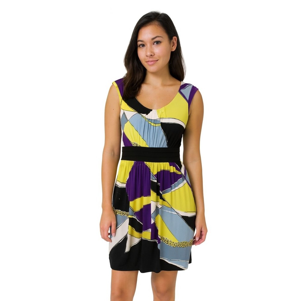 maxandcleo Women's Abstract Geometric Print Ruched Waist Cap Sleeve Dress 10 New